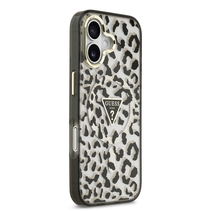 Apple iPhone 17 Case Guess Original Licensed M-Safe Charging Feature Triangle Logo Glitter Leopard Pattern Cover - 6