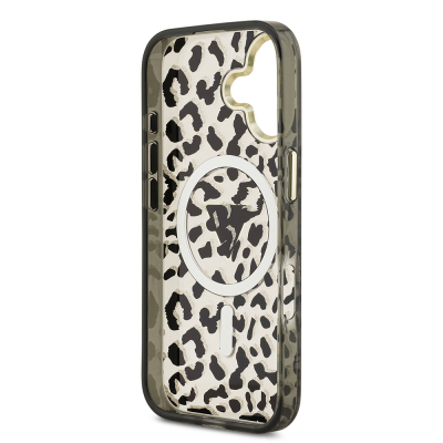 Apple iPhone 17 Case Guess Original Licensed M-Safe Charging Feature Triangle Logo Glitter Leopard Pattern Cover - 9