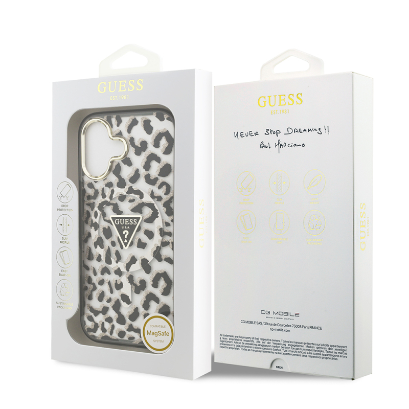Apple iPhone 17 Case Guess Original Licensed M-Safe Charging Feature Triangle Logo Glitter Leopard Pattern Cover - 10