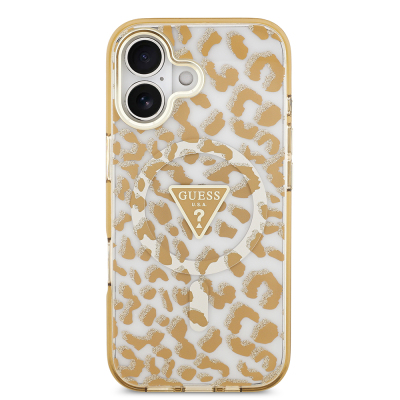 Apple iPhone 17 Case Guess Original Licensed M-Safe Charging Feature Triangle Logo Glitter Leopard Pattern Cover - 12