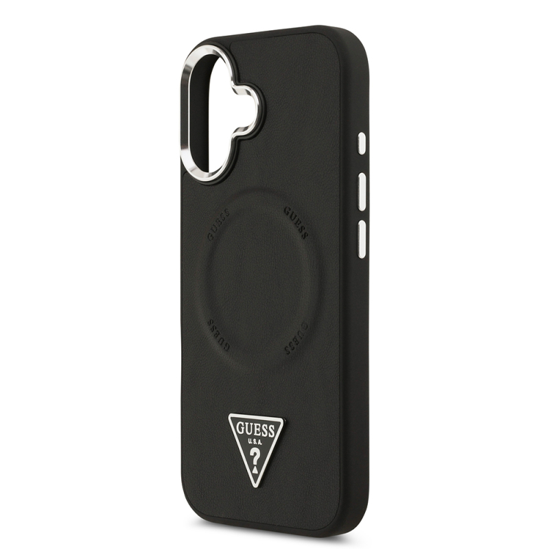 Apple iPhone 17 Case Guess Original Licensed M-safe Charging Function PU Leather Metal Camera Frame Triangle Logo Cover - 8