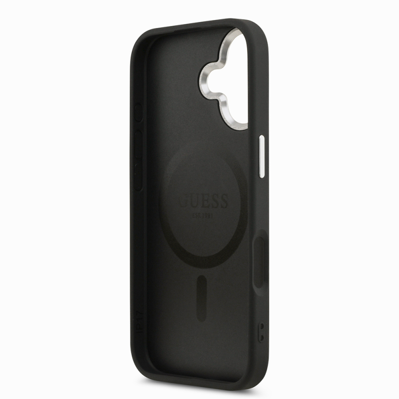 Apple iPhone 17 Case Guess Original Licensed M-safe Charging Function PU Leather Metal Camera Frame Triangle Logo Cover - 7