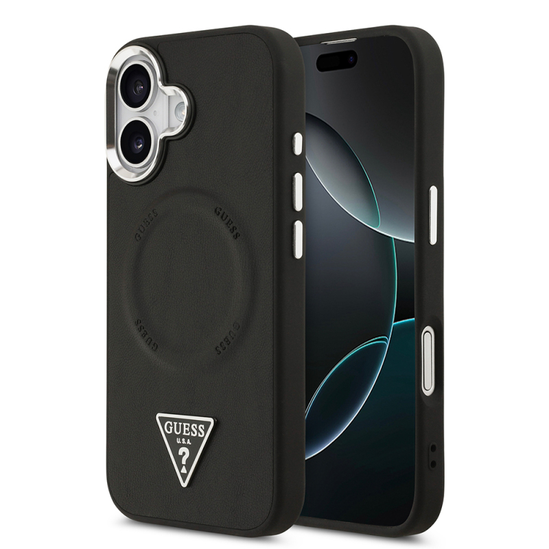 Apple iPhone 17 Case Guess Original Licensed M-safe Charging Function PU Leather Metal Camera Frame Triangle Logo Cover - 1