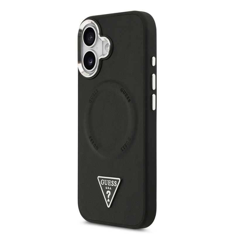Apple iPhone 17 Case Guess Original Licensed M-safe Charging Function PU Leather Metal Camera Frame Triangle Logo Cover - 5