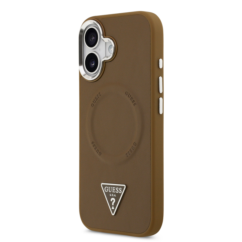 Apple iPhone 17 Case Guess Original Licensed M-safe Charging Function PU Leather Metal Camera Frame Triangle Logo Cover - 11