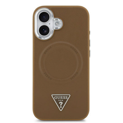 Apple iPhone 17 Case Guess Original Licensed M-safe Charging Function PU Leather Metal Camera Frame Triangle Logo Cover - 12