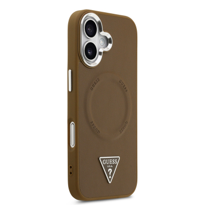 Apple iPhone 17 Case Guess Original Licensed M-safe Charging Function PU Leather Metal Camera Frame Triangle Logo Cover - 13