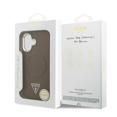 Apple iPhone 17 Case Guess Original Licensed M-safe Charging Function PU Leather Metal Camera Frame Triangle Logo Cover - 17