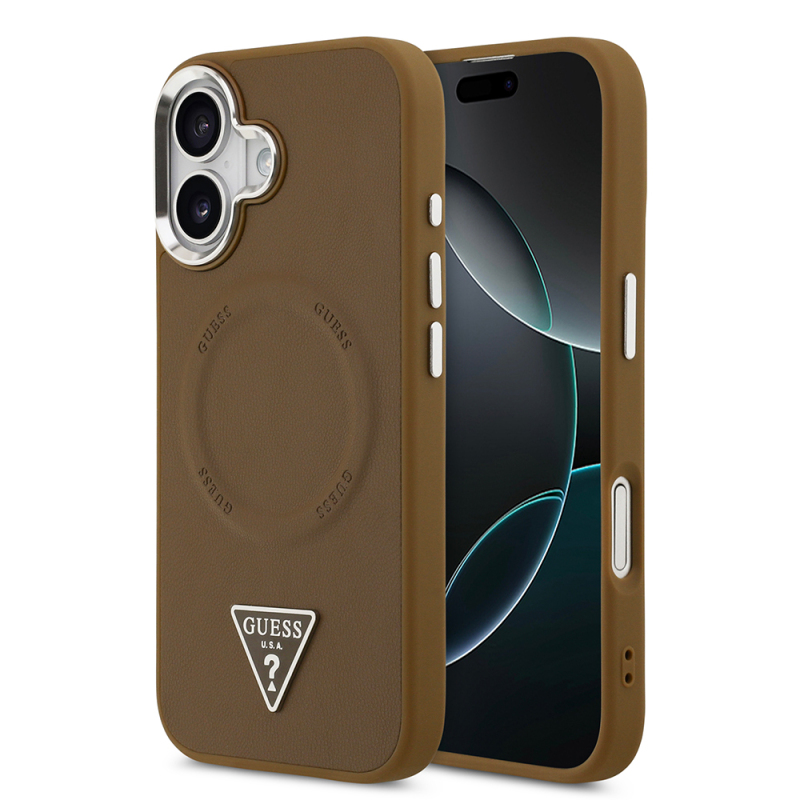Apple iPhone 17 Case Guess Original Licensed M-safe Charging Function PU Leather Metal Camera Frame Triangle Logo Cover - 3