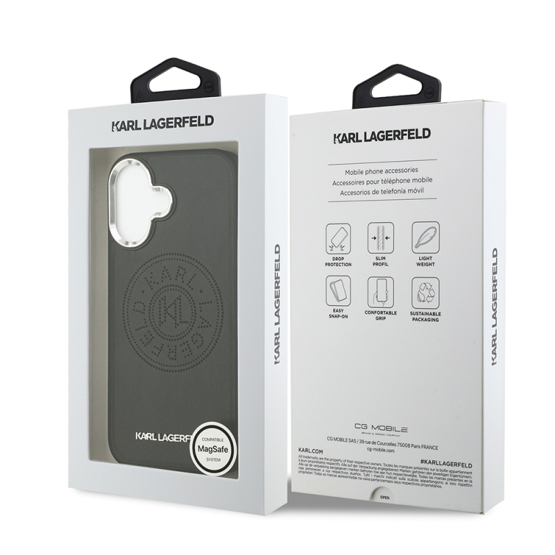 Apple iPhone 17 Case Karl Lagerfeld Original Licensed M-safe Charging Feature Perforated Design Metal Logo PU Leather Cover - 9