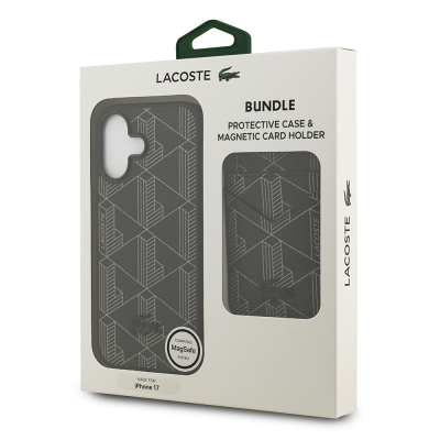 Apple iPhone 17 Case Lacoste Original Licensed M-Safe Charging Feature PU Leather Design Card Holder Mixed Monogram Pattern Cover - 12