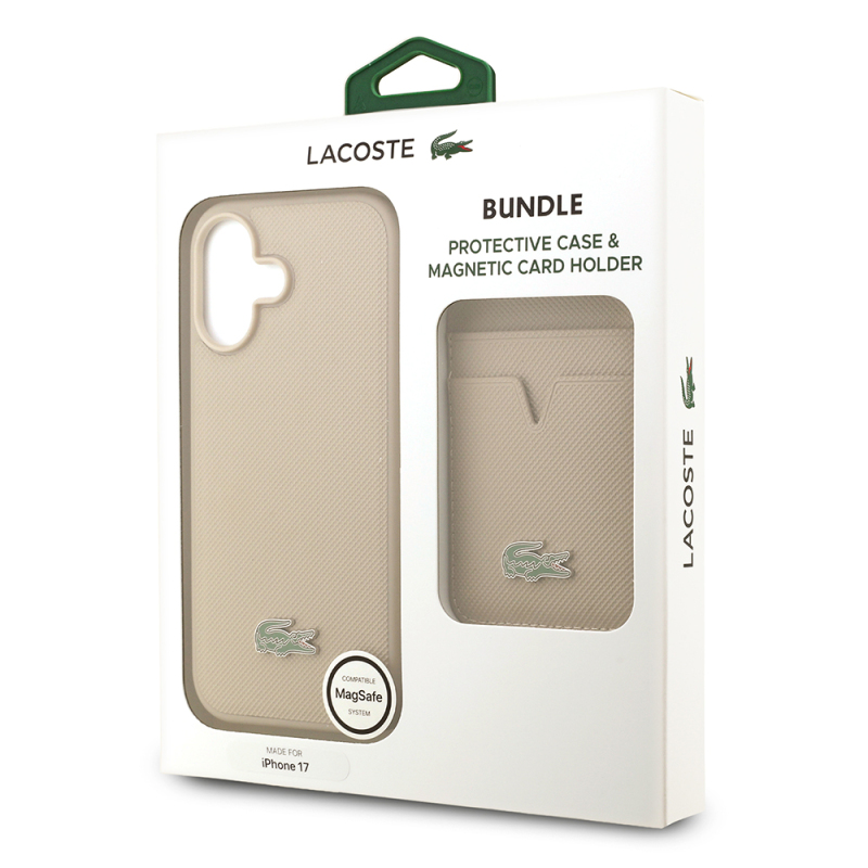 Apple iPhone 17 Case Lacoste Original Licensed M-Safe Charging Feature PU Pique Pattern Metal Logo Card Holder Cover - 43