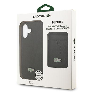 Apple iPhone 17 Case Lacoste Original Licensed M-Safe Charging Feature PU Pique Pattern Metal Logo Card Holder Cover - 45