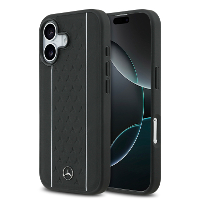 Apple iPhone 17 Case Mercedes Benz Original Licensed M-Safe Charging Feature Striped Star Patterned Metal Logo Leather Cover - 2