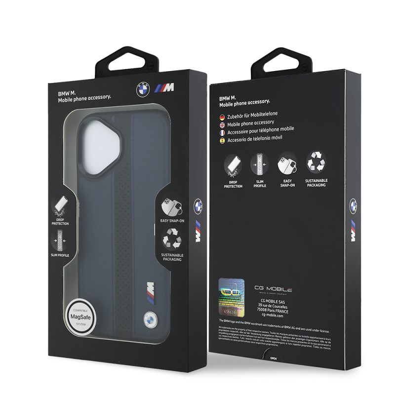 Apple iPhone 17 Kılıf BMW Orjinal Lisanslı M-safe Şarj Özellikli Deri Arka Yüzey Metal Logolu Delikli Şerit Tasarımlı Kapak - 25