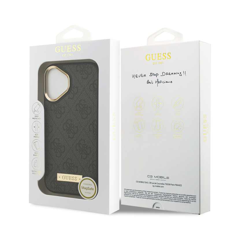 Apple iPhone 17 Kılıf Guess Orjinal Lisanslı M-safe Şarj Özellikli 4G Desenli PU Metal Plaka Klasik Logolu Kapak - 24