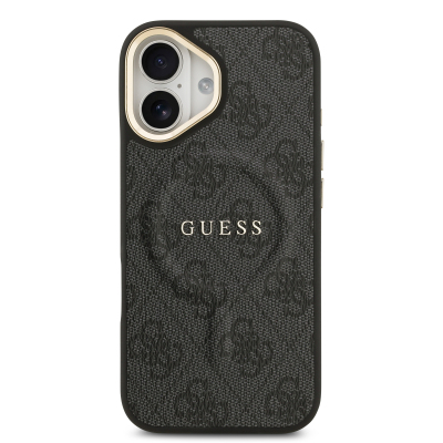 Apple iPhone 17 Kılıf Guess Orjinal Lisanslı M-safe Şarj Özellikli Gold Metal Kamera Çerçeveli PU Deri 4G Desenli Yazı Logolu Kapak - 4