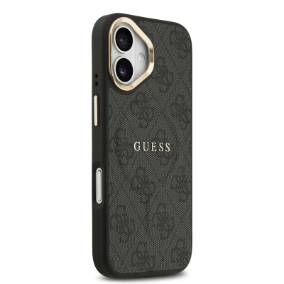Apple iPhone 17 Kılıf Guess Orjinal Lisanslı M-safe Şarj Özellikli Gold Metal Kamera Çerçeveli PU Deri 4G Desenli Yazı Logolu Kapak - 5