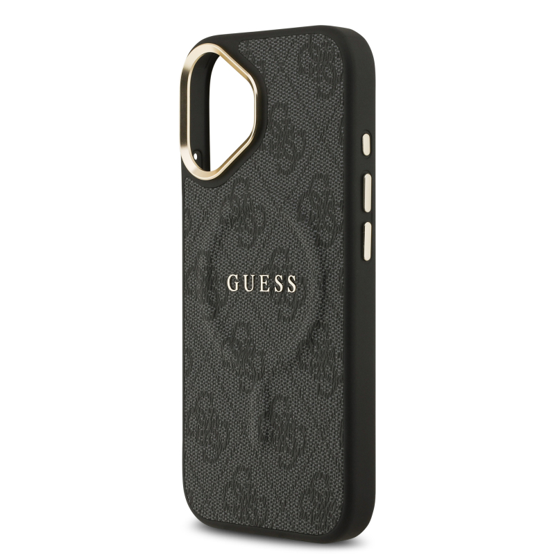 Apple iPhone 17 Kılıf Guess Orjinal Lisanslı M-safe Şarj Özellikli Gold Metal Kamera Çerçeveli PU Deri 4G Desenli Yazı Logolu Kapak - 7