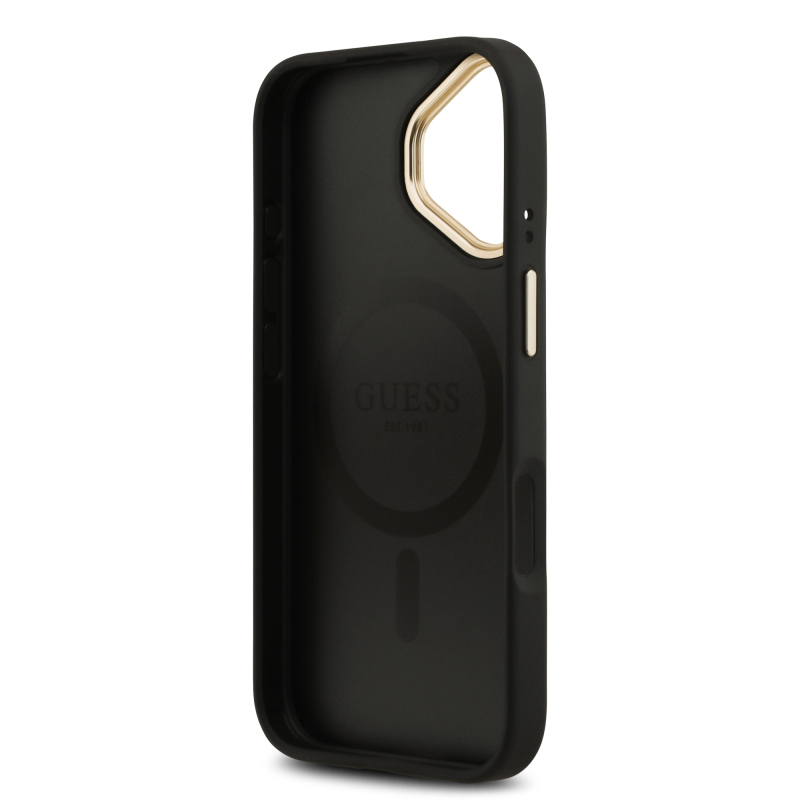 Apple iPhone 17 Kılıf Guess Orjinal Lisanslı M-safe Şarj Özellikli Gold Metal Kamera Çerçeveli PU Deri 4G Desenli Yazı Logolu Kapak - 8