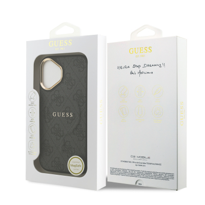 Apple iPhone 17 Kılıf Guess Orjinal Lisanslı M-safe Şarj Özellikli Gold Metal Kamera Çerçeveli PU Deri 4G Desenli Yazı Logolu Kapak - 17