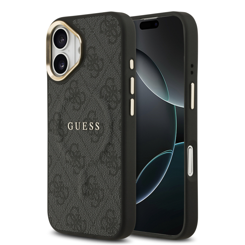 Apple iPhone 17 Kılıf Guess Orjinal Lisanslı M-safe Şarj Özellikli Gold Metal Kamera Çerçeveli PU Deri 4G Desenli Yazı Logolu Kapak - 1