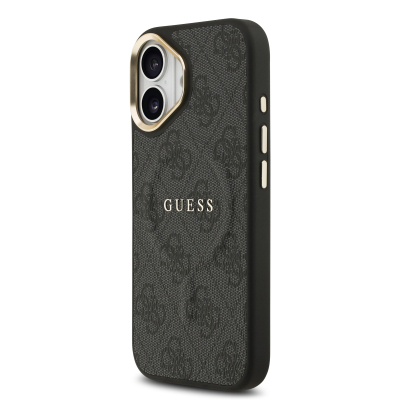 Apple iPhone 17 Kılıf Guess Orjinal Lisanslı M-safe Şarj Özellikli Gold Metal Kamera Çerçeveli PU Deri 4G Desenli Yazı Logolu Kapak - 9