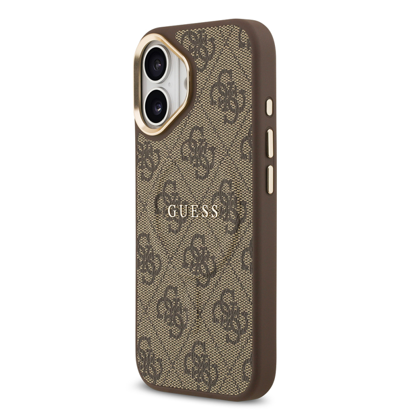 Apple iPhone 17 Kılıf Guess Orjinal Lisanslı M-safe Şarj Özellikli Gold Metal Kamera Çerçeveli PU Deri 4G Desenli Yazı Logolu Kapak - 10