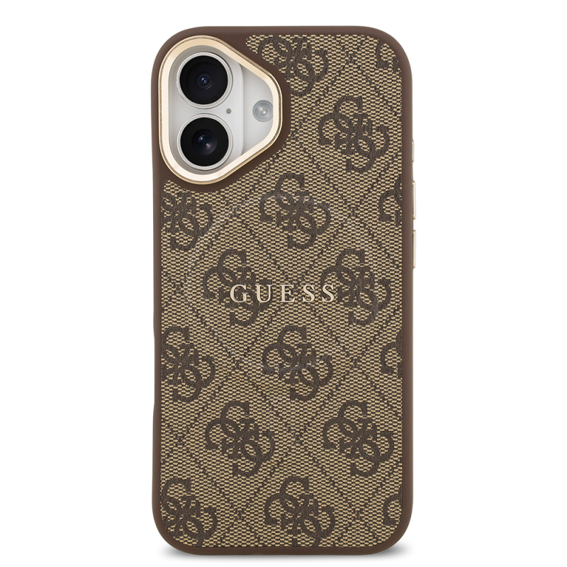 Apple iPhone 17 Kılıf Guess Orjinal Lisanslı M-safe Şarj Özellikli Gold Metal Kamera Çerçeveli PU Deri 4G Desenli Yazı Logolu Kapak - 11
