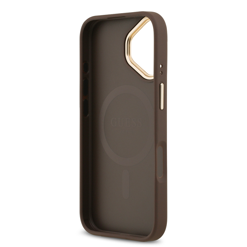 Apple iPhone 17 Kılıf Guess Orjinal Lisanslı M-safe Şarj Özellikli Gold Metal Kamera Çerçeveli PU Deri 4G Desenli Yazı Logolu Kapak - 15