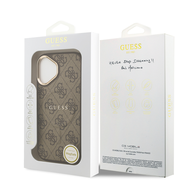 Apple iPhone 17 Kılıf Guess Orjinal Lisanslı M-safe Şarj Özellikli Gold Metal Kamera Çerçeveli PU Deri 4G Desenli Yazı Logolu Kapak - 16