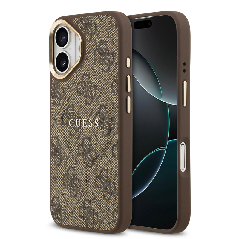 Apple iPhone 17 Kılıf Guess Orjinal Lisanslı M-safe Şarj Özellikli Gold Metal Kamera Çerçeveli PU Deri 4G Desenli Yazı Logolu Kapak - 3