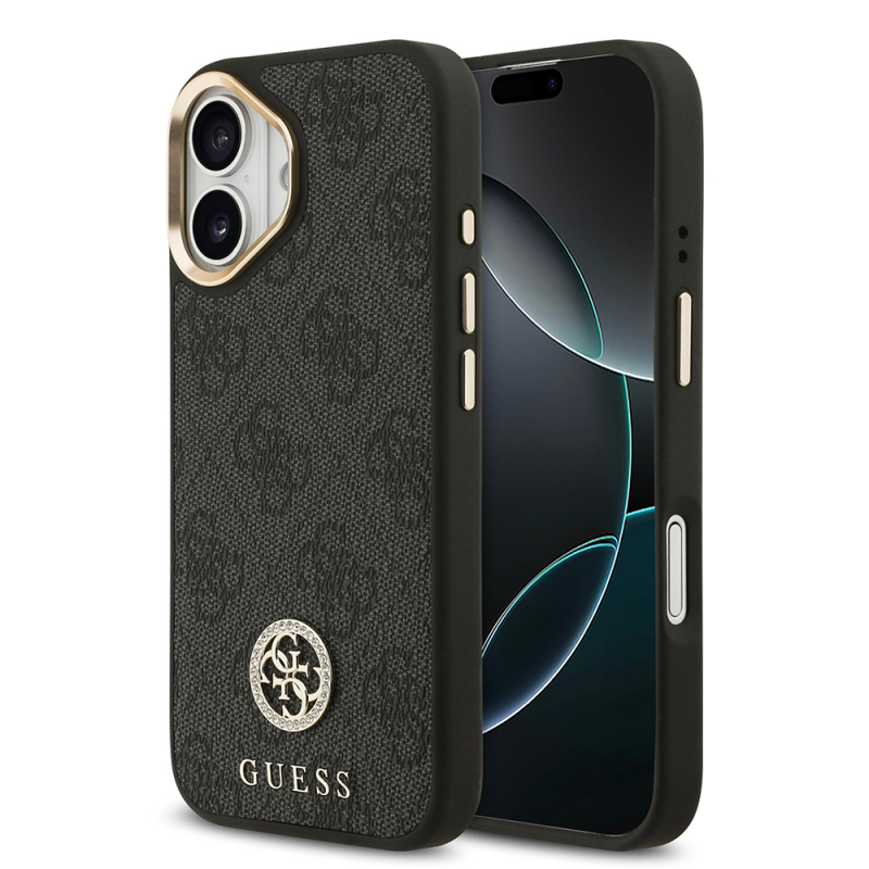 Apple iPhone 17 Kılıf Guess Orjinal Lisanslı M-safe Şarj Özellikli Gold Metal Kamera Çerçeveli Taşlı 4G Logolu Kapak - 1