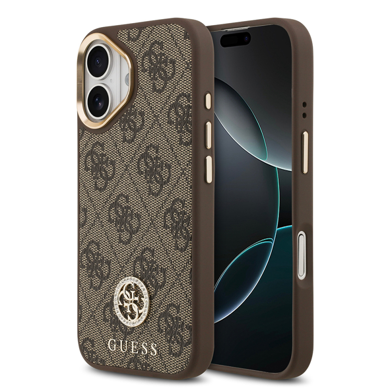 Apple iPhone 17 Kılıf Guess Orjinal Lisanslı M-safe Şarj Özellikli Gold Metal Kamera Çerçeveli Taşlı 4G Logolu Kapak - 3