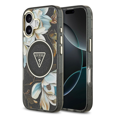 Apple iPhone 17 Kılıf Guess Orjinal Lisanslı M-safe Şarj Özellikli Simli Çiçek Desenli Metal Kamera Çerçeveli Üçgen Logolu Kapak - 1