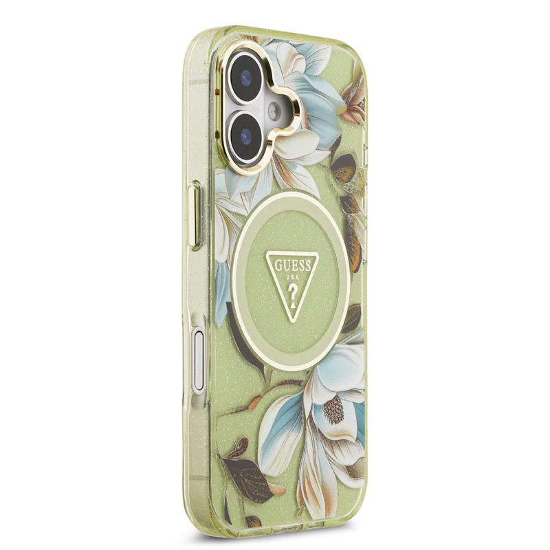 Apple iPhone 17 Kılıf Guess Orjinal Lisanslı M-safe Şarj Özellikli Simli Çiçek Desenli Metal Kamera Çerçeveli Üçgen Logolu Kapak - 15