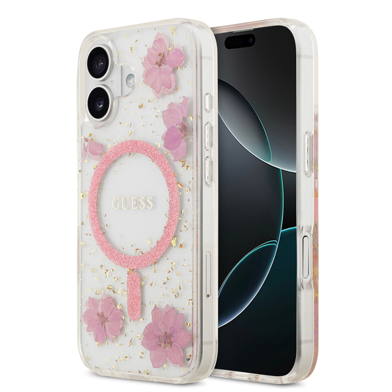 Apple iPhone 17 Kılıf Guess Orjinal Lisanslı M-safe Şarj Özellikli Transparan Resin Flowers Kapak - 1