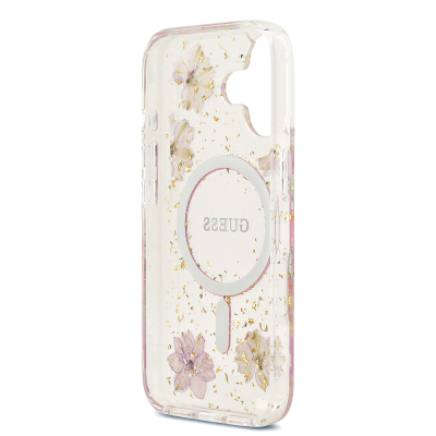 Apple iPhone 17 Kılıf Guess Orjinal Lisanslı M-safe Şarj Özellikli Transparan Resin Flowers Kapak - 9