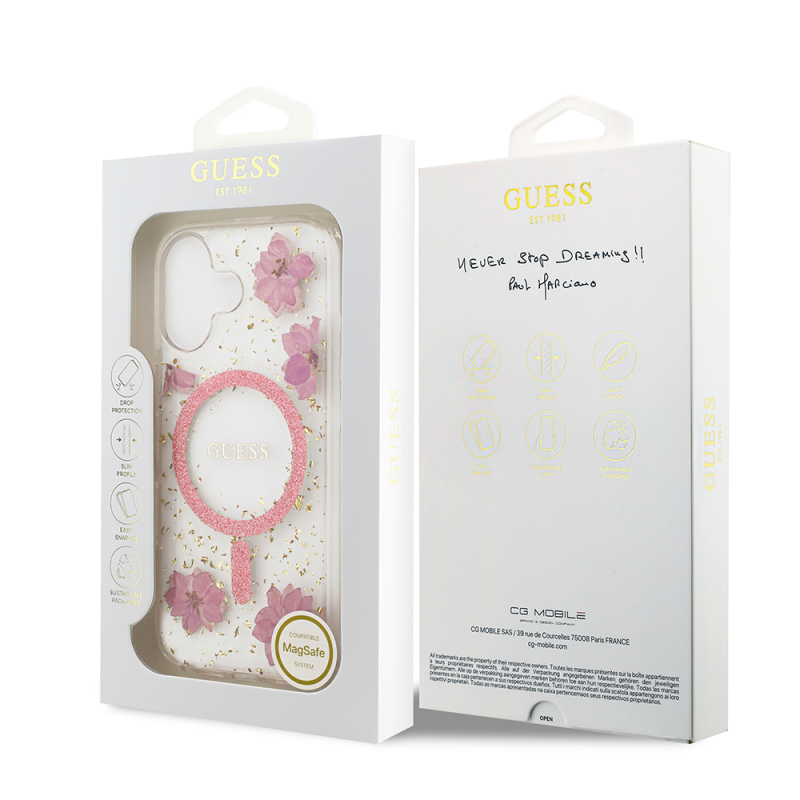 Apple iPhone 17 Kılıf Guess Orjinal Lisanslı M-safe Şarj Özellikli Transparan Resin Flowers Kapak - 10