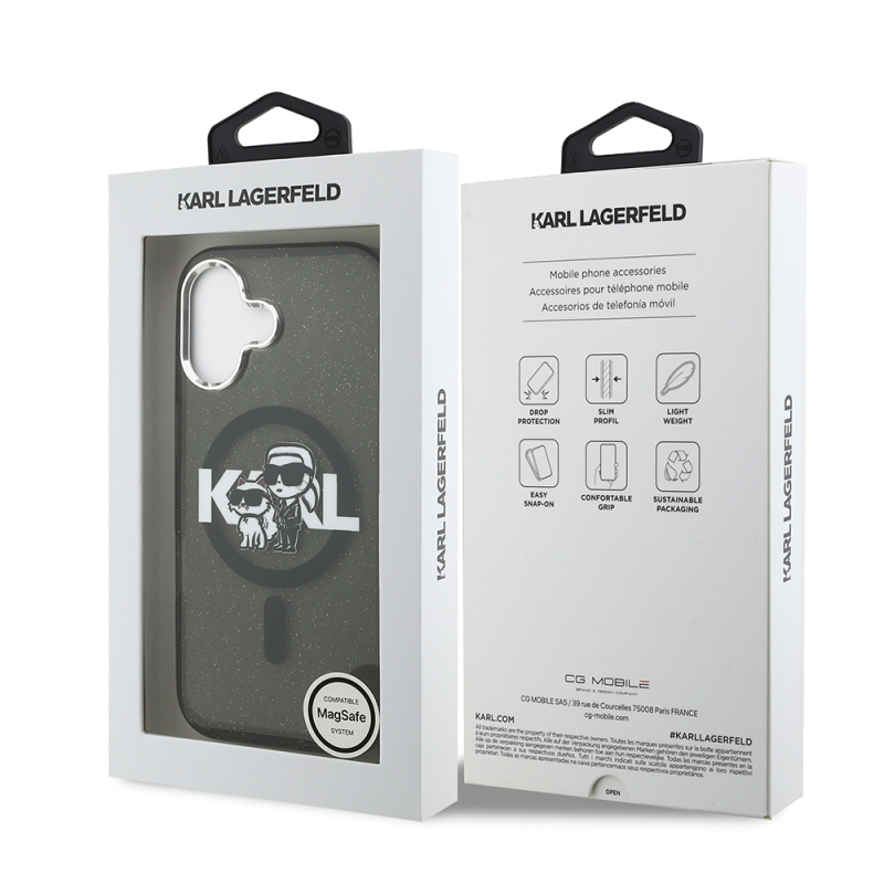 Apple iPhone 17 Kılıf Karl Lagerfeld Orjinal Lisanslı Parlayan Simli Karl & Choupette Sketch Logo Kapak - 9