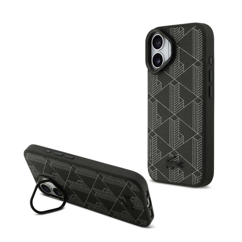 Apple iPhone 17 Kılıf Lacoste Orjinal Lisanslı M-safe Şarj Özellikli Standlı PU Deri Karışık Monogram Desenli Kapak - 2