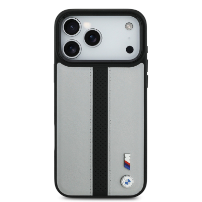 Apple iPhone 17 Pro Case BMW Original Licensed M-safe Charging Featured Leather Back Surface Metal Logo Perforated Strip Design Cover - 4