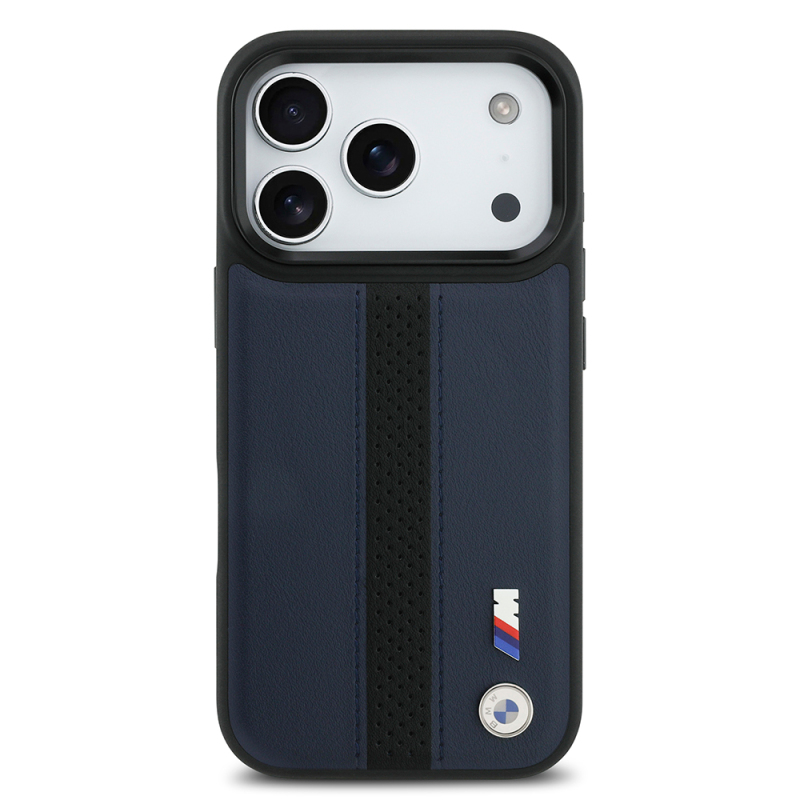 Apple iPhone 17 Pro Case BMW Original Licensed M-safe Charging Featured Leather Back Surface Metal Logo Perforated Strip Design Cover - 12