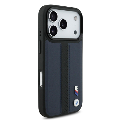 Apple iPhone 17 Pro Case BMW Original Licensed M-safe Charging Featured Leather Back Surface Metal Logo Perforated Strip Design Cover - 13