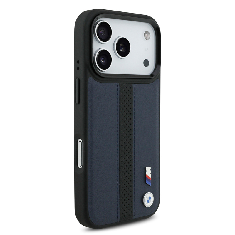 Apple iPhone 17 Pro Case BMW Original Licensed M-safe Charging Featured Leather Back Surface Metal Logo Perforated Strip Design Cover - 13