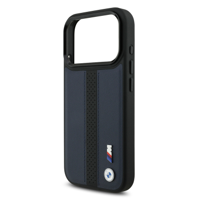 Apple iPhone 17 Pro Case BMW Original Licensed M-safe Charging Featured Leather Back Surface Metal Logo Perforated Strip Design Cover - 15