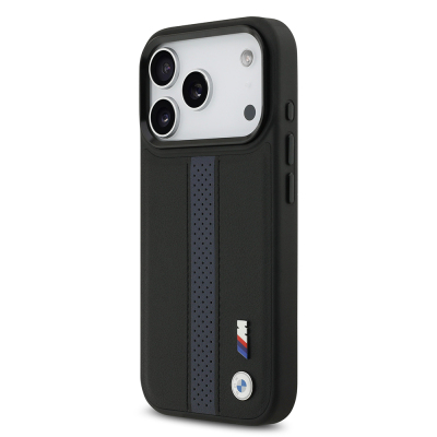 Apple iPhone 17 Pro Case BMW Original Licensed M-safe Charging Featured Leather Back Surface Metal Logo Perforated Strip Design Cover - 17
