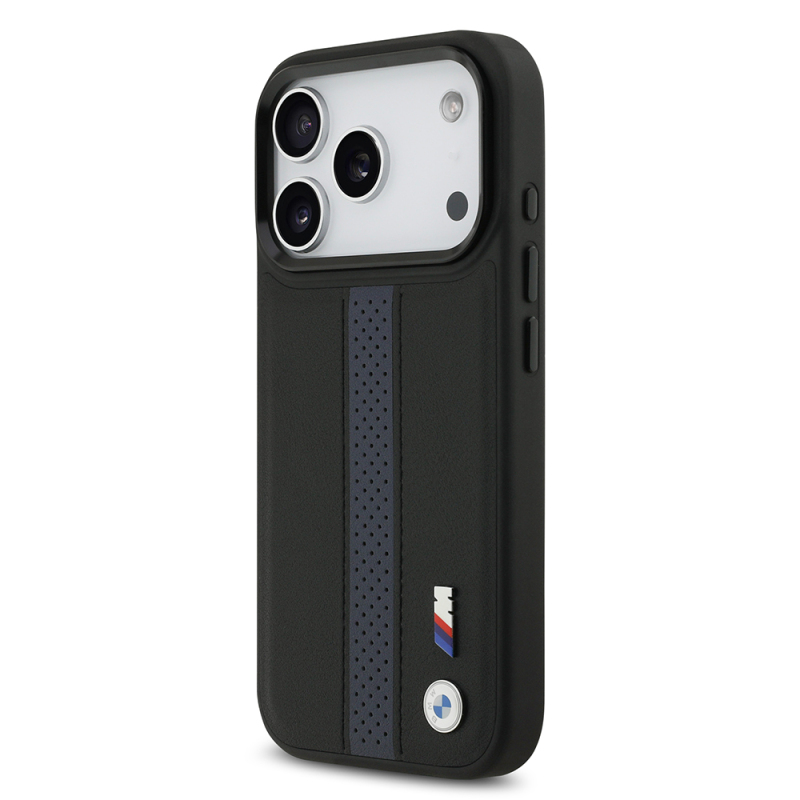 Apple iPhone 17 Pro Case BMW Original Licensed M-safe Charging Featured Leather Back Surface Metal Logo Perforated Strip Design Cover - 17