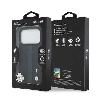 Apple iPhone 17 Pro Case BMW Original Licensed M-safe Charging Featured Leather Back Surface Metal Logo Perforated Strip Design Cover - 25