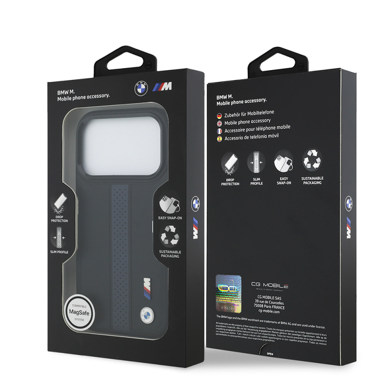 Apple iPhone 17 Pro Case BMW Original Licensed M-safe Charging Featured Leather Back Surface Metal Logo Perforated Strip Design Cover - 25